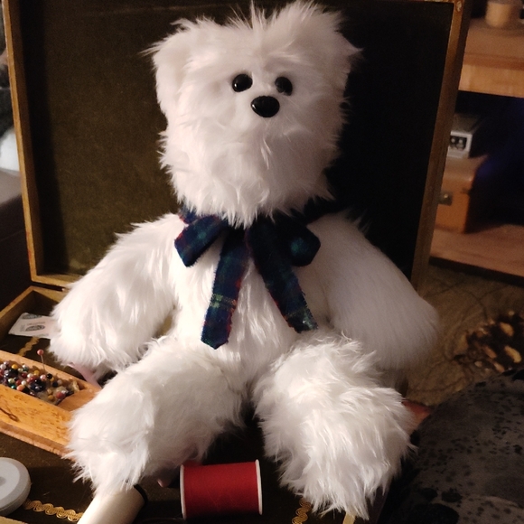 handsewn Other - White Fluffy Stuffed Bear with Plaid Bow Handsewn